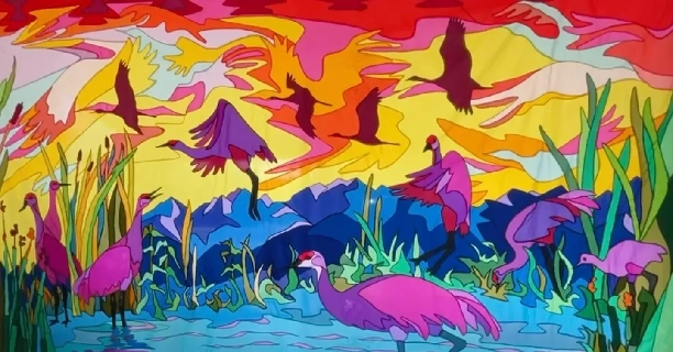 A painting of birds flying in the sky