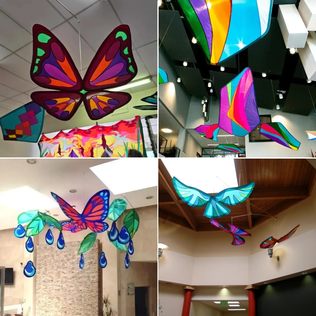 A collage of different pictures with various colored butterflies.