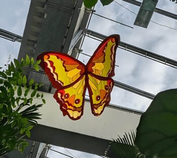 Large, colorful butterfly decoration hangs indoors near plants and glass ceiling with a cloudy sky visible above.